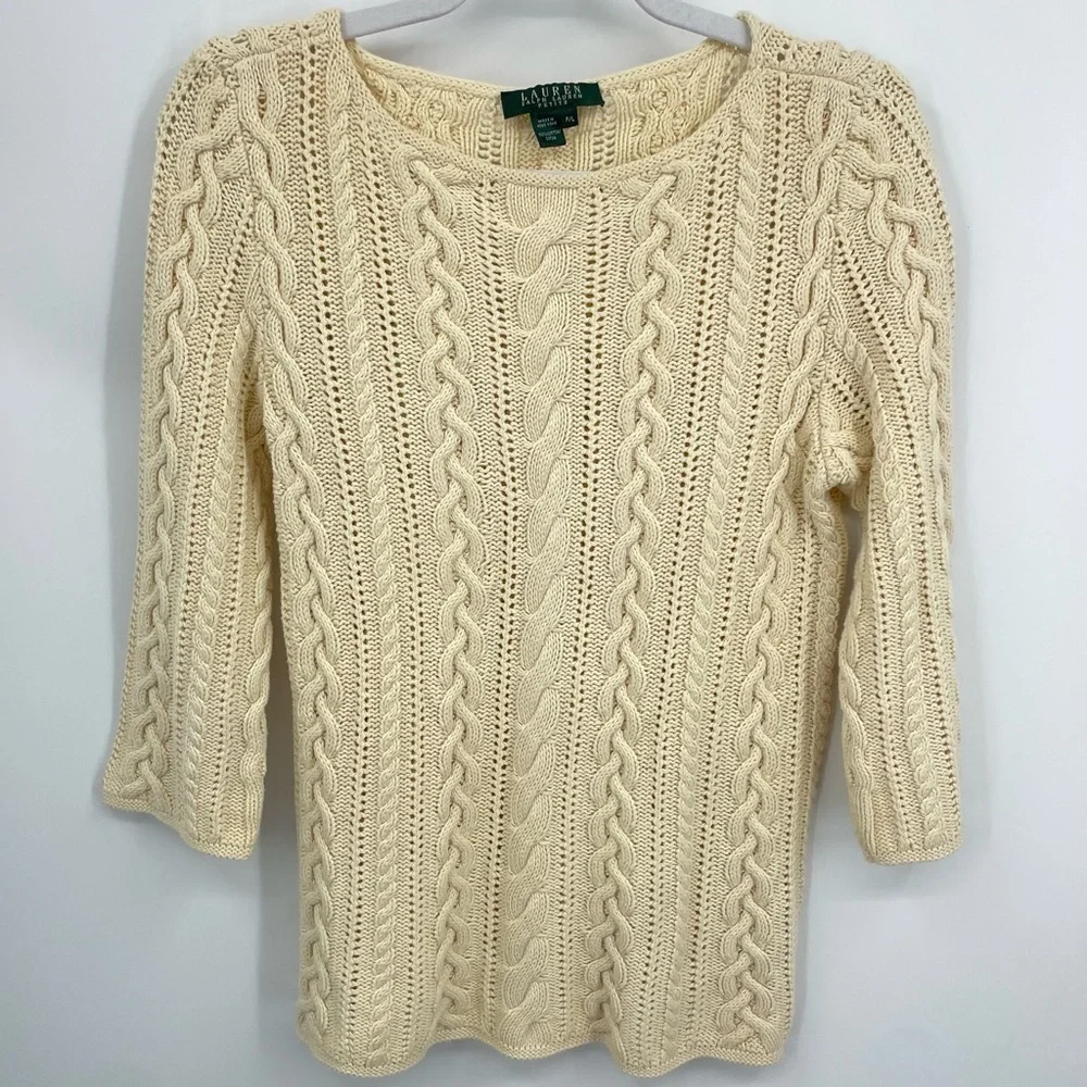 VTG Y2K Lauren Ralph Lauren pullover Sweater LP Cable Knit old money Cottage‎